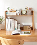 Open Style Wooden Bookshelf With Large Capacity Freestanding Storage Organizer on desk displaying books, decor, and plant