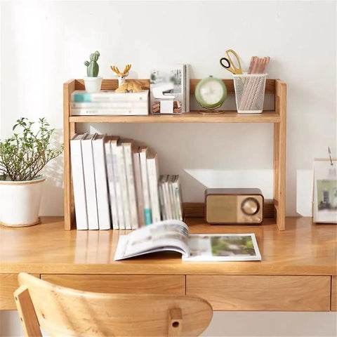 Open Style Wooden Bookshelf With Large Capacity Freestanding Storage Organizer on desk displaying books, decor, and plant