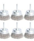 Six-piece Stainless Steel Wire Cup Brush Kit with 1/4 inch shank for drill and grinder, crimped wire wheel brushes, rust removal