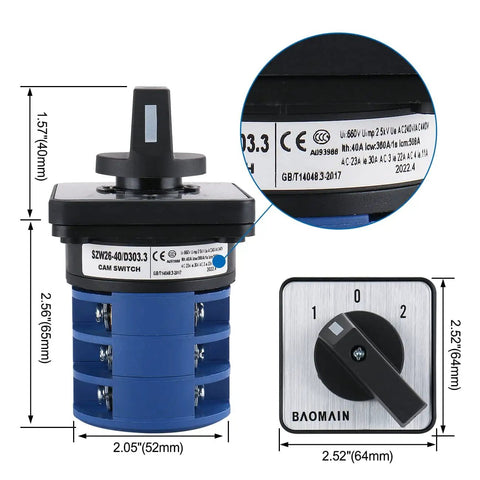 40A Beefy Rotary Cam Changeover Switch For 660V AC Three-Phase Power, 12-Terminal SZW26-40/D303.3, front and side views