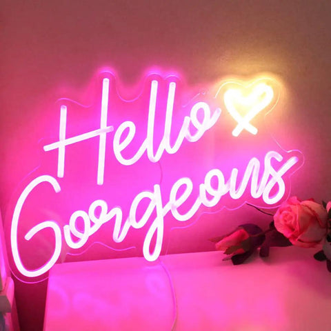 Pink LED Neon Sign Hello Gorgeous for home decor on wall, dimmable 5V neon light, lit for weddings and parties, 16.5x10.6 inches, USB powered.