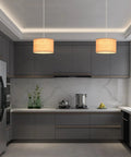 2 Pack Plug In Pendant Lights With 15Ft Clear Cord Toggle Switch Beige Linen Shade Modern Hanging Lamp over kitchen countertop.