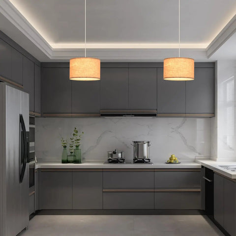 2 Pack Plug In Pendant Lights With 15Ft Clear Cord Toggle Switch Beige Linen Shade Modern Hanging Lamp over kitchen countertop.