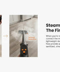 Pro Two In One Steam Cleaner Mop With Large Tank For Sixty Min Run And Fifteen Sec Warm Up showing secure connection and steam flow.