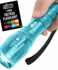 Ultra Bright LED Tactical Flashlight With Zoom, Five Modes, Water Resistant, Turquoise compact mini light in hand