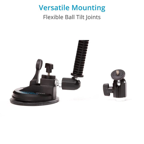 Rock Solid Heavy Duty Vehicle Camera Mount With Quick Lock Suction Cups And Flexible Extension Rods To Nail Every Shot On The Highway Holding Up Like A Boss, showing flexible ball tilt joints.