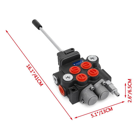 Two-spool hydraulic joystick control valve with lever, steel body and red port plugs, front view