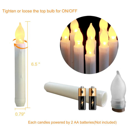 Diagram of 12 Pack Battery Operated Taper Candles With Remote, Warm White Flicker, showing candle dimensions and battery placement.