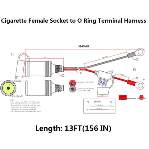 Diagram of 13 Foot 12V Female Cigarette Lighter Socket Extension Cord With Battery Eyelet Ring Terminal details