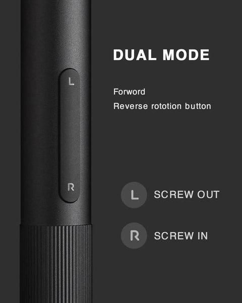 Close-up of Pro Grade Electric Precision Screwdriver handle with dual mode button for forward and reverse rotation, black finish.