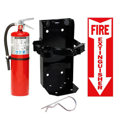 Two Pack Of Ten Lb ABC Fire Extinguishers With Heavy Duty Brackets And Warning Signs Built Damn Tough For Home Workshops And Commercial Spaces Top Shelf Ul Approved Gear with red extinguisher and black bracket.