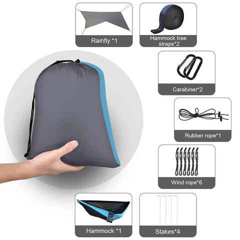 Camping Hammock With Built In Mosquito Net And Rain Fly, Heavy Duty Tree Straps, Nylon Parachute Fabric in storage bag with accessories