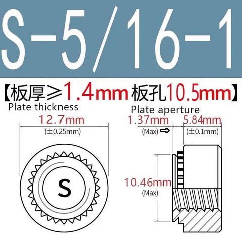 Tough As Nails 5/16-18 Self Clinching Nuts Round Head size dimensions, zinc plated carbon steel fasteners for sheet fabrication.