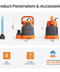 No Fuss Submersible Utility Water Pump 2760 GPH dimensions 8.98" height, 7.72" width, 5.63" depth with copper motor for various uses.