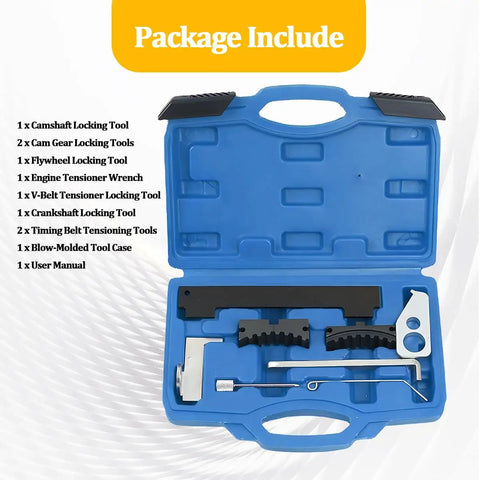 Top Shelf Car Timing Tool Kit With Hardcore Grip Camshaft Holding Belt And Shop Tested Timing Locking Kit For Auto Camshaft Tensioning and Dead Center Alignment Compatible With 16V 1.4 1.6 1.8 En6340 Km6340 Blue in blue tool case.