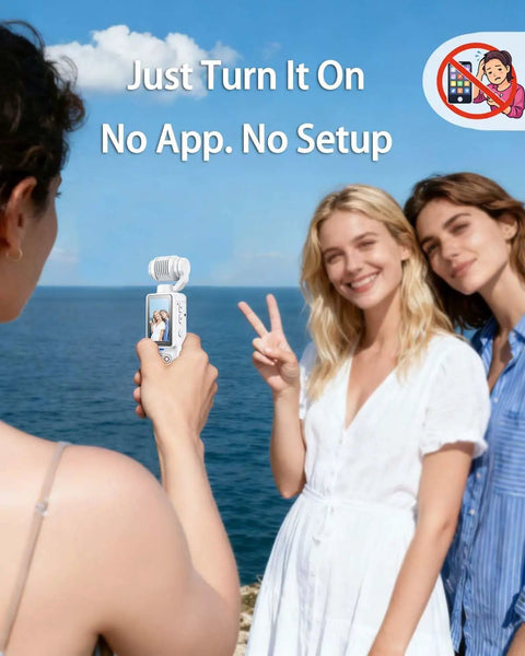 Person using Pocket 2.5K Video Recorder With 180 Degree Rotating Lens For Vlogging by the sea, handheld POV camera capturing two people.