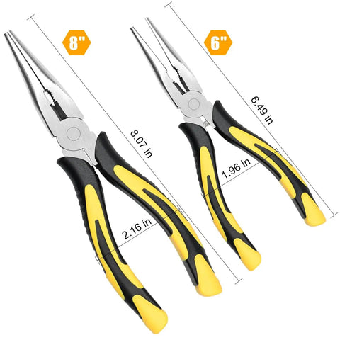 Long Nose Pliers Set 6 Inch And 8 Inch With Wire Cutter Premium Needle Nose Pliers High Carbon Steel Body Soft Grip Handles