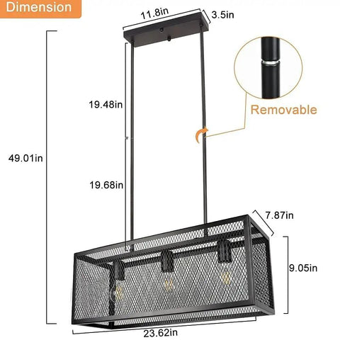 Industrial Five Light Kitchen Island Pendant Light Fixture With Metal Frame In Matte Black dimensions and removable feature