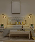 Cozy bedroom scene with Floor Lamp With Built In Side Table And USB Port And Outlet 2 Pack beside bed, illuminated warmly.