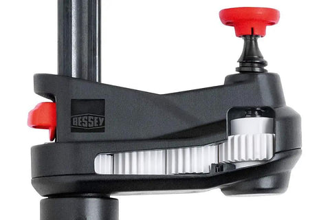 Close-up of GearKlamp 24 Inch Clamp Set Six Pack For Tight Spaces with quick release button and separated handle mechanism.