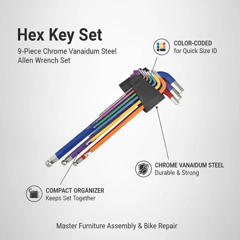 Solid 9-Piece Hex Key Set Crafted From Tough Chrome Vanadium Steel For Easy Bike Repair Furniture Assembly And Household Fixes That Get The Job Done Right, color-coded in organizer