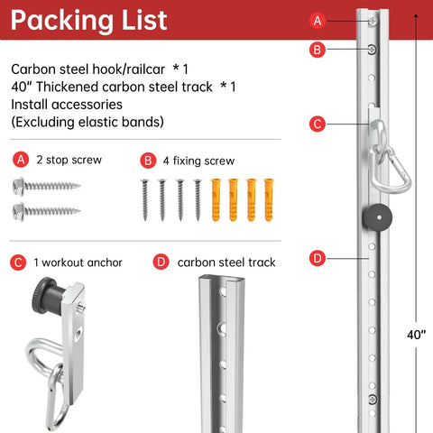 Packing list for Heavy Duty Adjustable Wall Mount Anchor Platform For Resistance Bands Featuring 35 Custom Locking Positions.