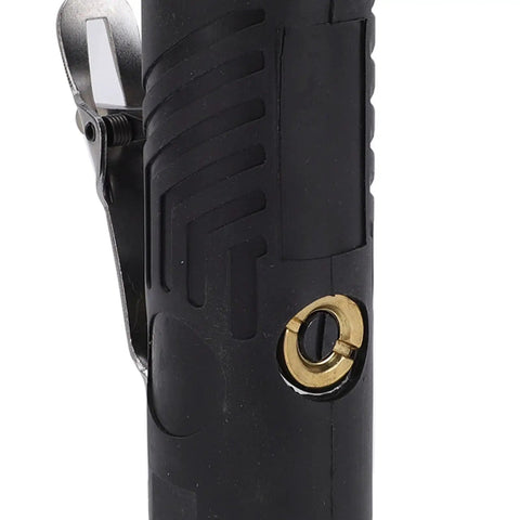 Close-up of heavy duty pneumatic die grinder handle showing cushioned grip and metal connector for heavy duty 90 degree air angle die grinder packs savage 12000 RPM pneumatic power with cushioned non slip grip for tough rust removal deburring and dead on polishing using standard 3mm collets.