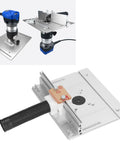 Commercial Grade Aluminum Router Lift Kit With 180 Degree Rotatable Table Insert Plate For Precision Woodworking And Fine Detail Carving Tasks No Sweat Assembly viewed from side and top angles.