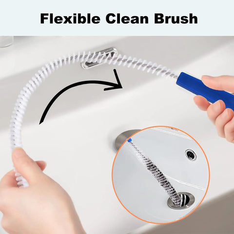 Extra Long Drain Cleaning Brush Two Pack Kicks Stubborn Hair And Grease Buildup Straight To The Curb For Sinks Tub Showers Plus Bathroom Drains To Get Your Plumbing Flowing Smoothly Again in use over a sink.