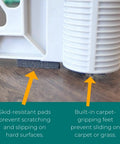 Close-up of Six Panel Petyard Passage Dog Playpen Fence With Wall Mount Kit showing skid-resistant pads and carpet-gripping feet.