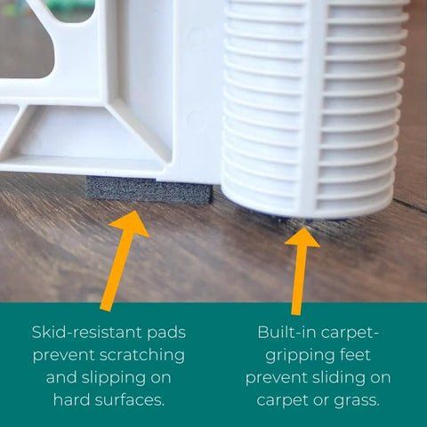 Close-up of Six Panel Petyard Passage Dog Playpen Fence With Wall Mount Kit showing skid-resistant pads and carpet-gripping feet.