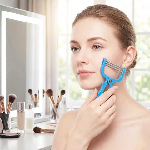 Woman using Facial Hair Epilator Spring Tool 3-Pack Painless No Fuss Root Remover for upper lip and cheeks near makeup table