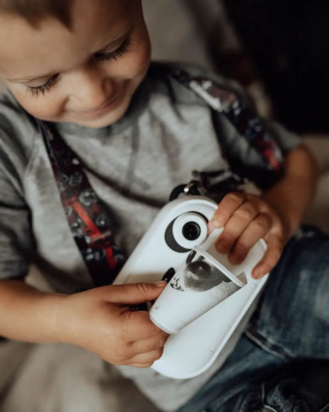 Instant Print Paper Refill Set For Kids Camera 57mm Wide Thermal Paper Rolls 2.25 Inch BPA Free Includes 3 Regular Rolls And 2 Adhesive Rolls For Easy Snap Prints Up To 300 Photos, child using kids camera