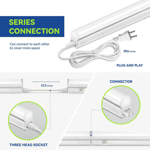 Linkable LED T5 Under Cabinet And Closet Light Bar 2Ft 9W 800 Lumens 4000K Daylight White plug and play series connection