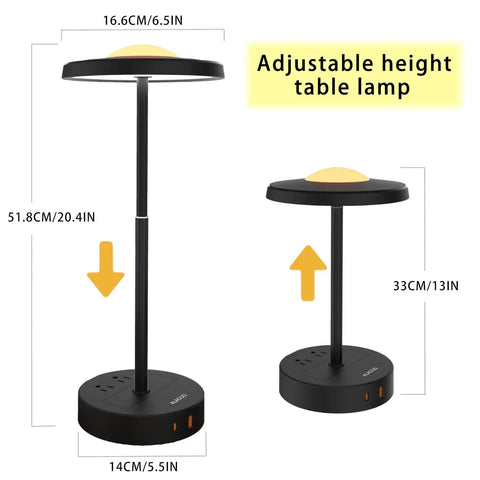 LED Table Lamp Dimmable Desk Lamp Reading Lamp With USB A And Type C Charging Port 2 Prong Outlet Power Touch Control Night Light Retractable For Bedroom Living Room Dorm Study Home Office, adjustable height, black base and top with USB ports.
