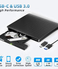 Portable External CD DVD Drive With USB 3.0 And USB C, Read Write ROM Burner For Laptops Desktops Windows Mac Linux, Plug And Play Optical Drive, Slim On The Go CD DVD Player, black slim metal drive with USB-C and USB 3.0 cables