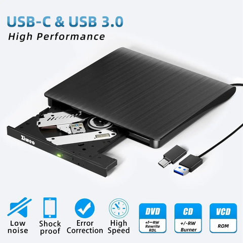 Portable External CD DVD Drive With USB 3.0 And USB C, Read Write ROM Burner For Laptops Desktops Windows Mac Linux, Plug And Play Optical Drive, Slim On The Go CD DVD Player, black slim metal drive with USB-C and USB 3.0 cables