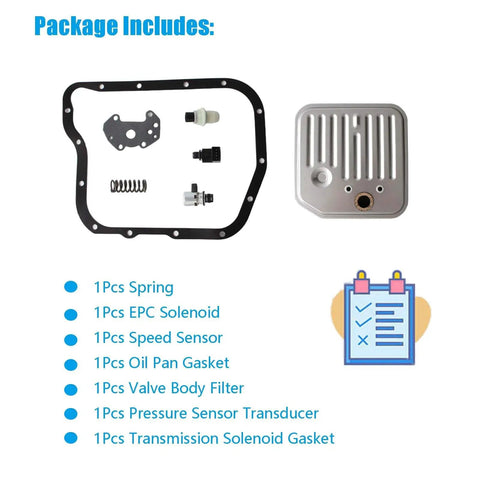 Governor Pressure Sensor Solenoid Kit with EPC solenoid, speed sensor, gaskets, valve body filter for Dodge Ram and Jeep Grand Cherokee.