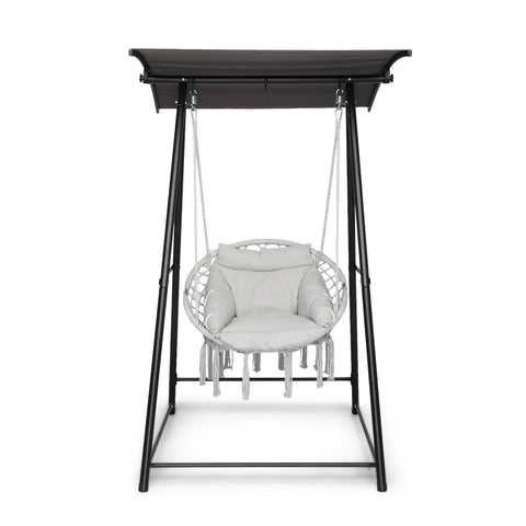 Chill Outdoor Hammock Chair With Stand And Canopy, Heavy Duty 660 Lb Capacity Cushioned Swing Chair, front view under adjustable canopy.