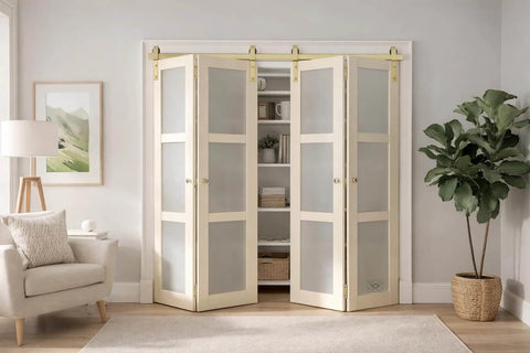 Gold Finish Bifold Barn Door Hardware Kit For 64 Inch Closet Pro Grade Heavy Gauge Aluminum Sliding Bi Fold Track System For Four 15 Inch Panels Includes Four Rollers And Matching Knobs Hardware Only installed on white doors in living room.