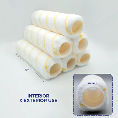 Microfiber Paint Roller Covers Half Inch By Nine Inch 6 Pack Lint Free For Semi Smooth To Smooth Surfaces Works With All Paints And Stains Durable Long Lasting Home Painting Rollers