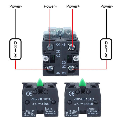 Back view of Three Position Momentary Rotary Selector Switch with Red LED Indicator, showing connection points and device wiring.
