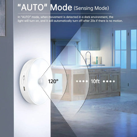 Puck Lights With Charging Station 4 Pack, Motion Sensor Under Cabinet Closet Lighting showcases auto mode sensing angle and distance.