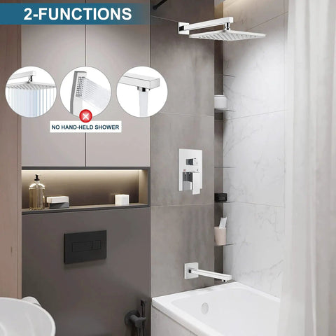 Polished Chrome Tub And Shower Faucet Set With Eight Inch Rain Shower Head Wall Mounted High Pressure Shower System