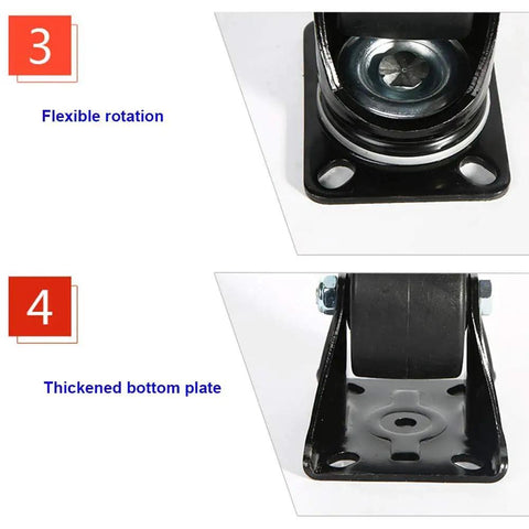 Dang Tough Heavy Duty Furniture Casters Set Of 4 Featuring Ultra Smooth Swivel Wheels And Sturdy Steel Plates, showing flexible rotation and thickened bottom plate.