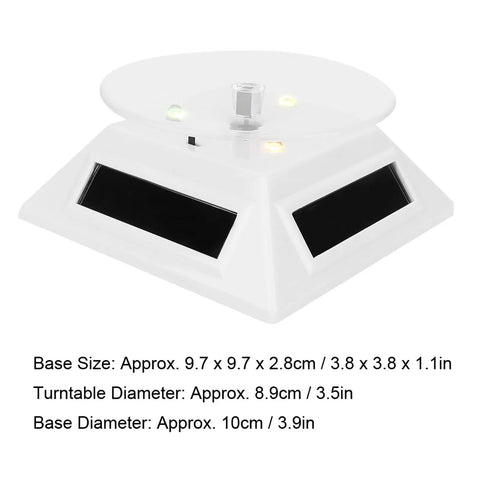 Xhtllo Electric Led Light Solar Powered Rotating Turntable Display Stand For Jewelry Phunique Watches Camera And Decorations with white acrylic turntable.
