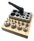 11 Piece Disc Cutter Set With Lever For Jewelry Making And Metalworking, Includes Round Punch Sizes 1/8 To 1 Inch, on Wooden Base