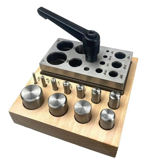 11 Piece Disc Cutter Set With Lever For Jewelry Making And Metalworking, Includes Round Punch Sizes 1/8 To 1 Inch, on Wooden Base