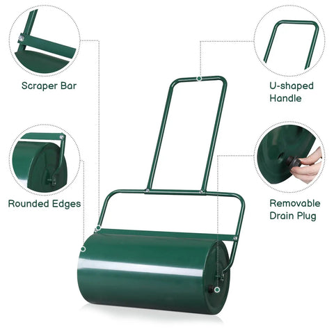 24 Inch Tow Behind Lawn Roller With 13 Gallon Water Or Sand Fill U Shaped Handle Easy Push Or Pull Setup For Seed Bedding And Soil Firming