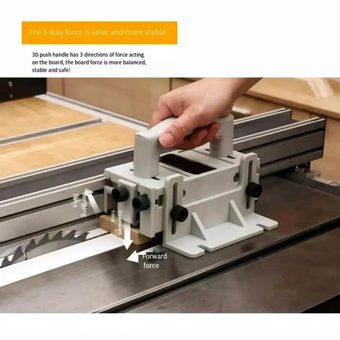 Heavy Duty Adjustable Three Way Force Push Block For Table Saws Jointers on a saw table applying three-directional pressure.